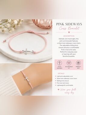 Delicate Pink Cord Cross Bracelet with Silver-Tone Cross